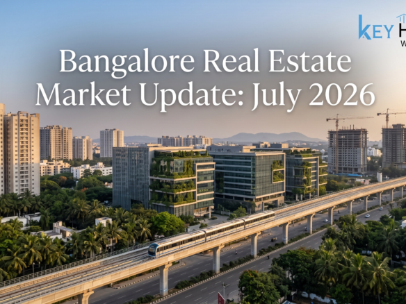 eyhomes real estate blog banner for July 2026 showing the Bangalore skyline with modern tech parks, an elevated Namma Metro train corridor, and lush greenery under a clear sky.