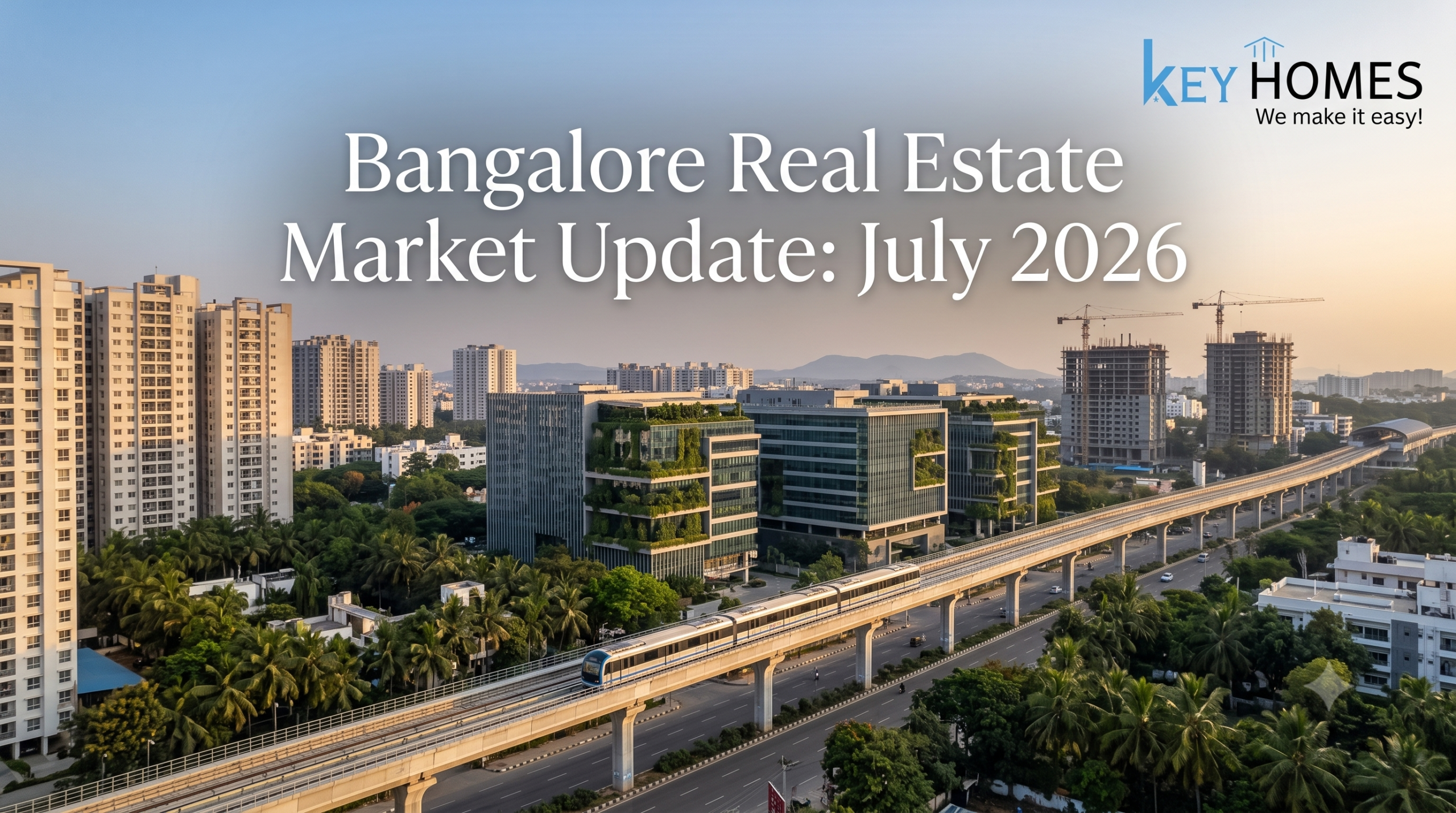eyhomes real estate blog banner for July 2026 showing the Bangalore skyline with modern tech parks, an elevated Namma Metro train corridor, and lush greenery under a clear sky.