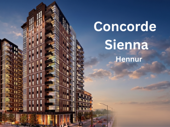 A visual representation of the Concorde Sienna high-rise residential community, featuring modern architecture and exclusive open spaces on Hennur Main Road.