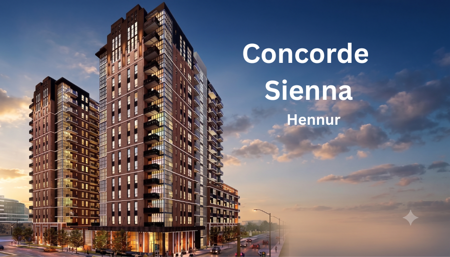 A visual representation of the Concorde Sienna high-rise residential community, featuring modern architecture and exclusive open spaces on Hennur Main Road.